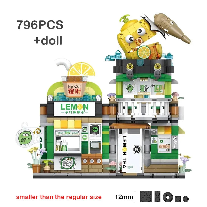 Creative Mini Blocks Kids Building Bricks Snack Bar Sea Fish Food House Lemon Tea Shop Luosifen Store Puzzle Toys Girls Gift