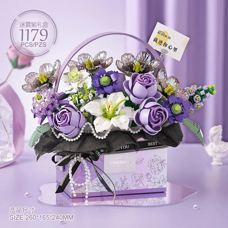 Creative Pink Rose Basket Bouquet Building Blocks Portable Flower Bouquet Gift Box Series Model Bricks For Girls Gifts Kids Toys