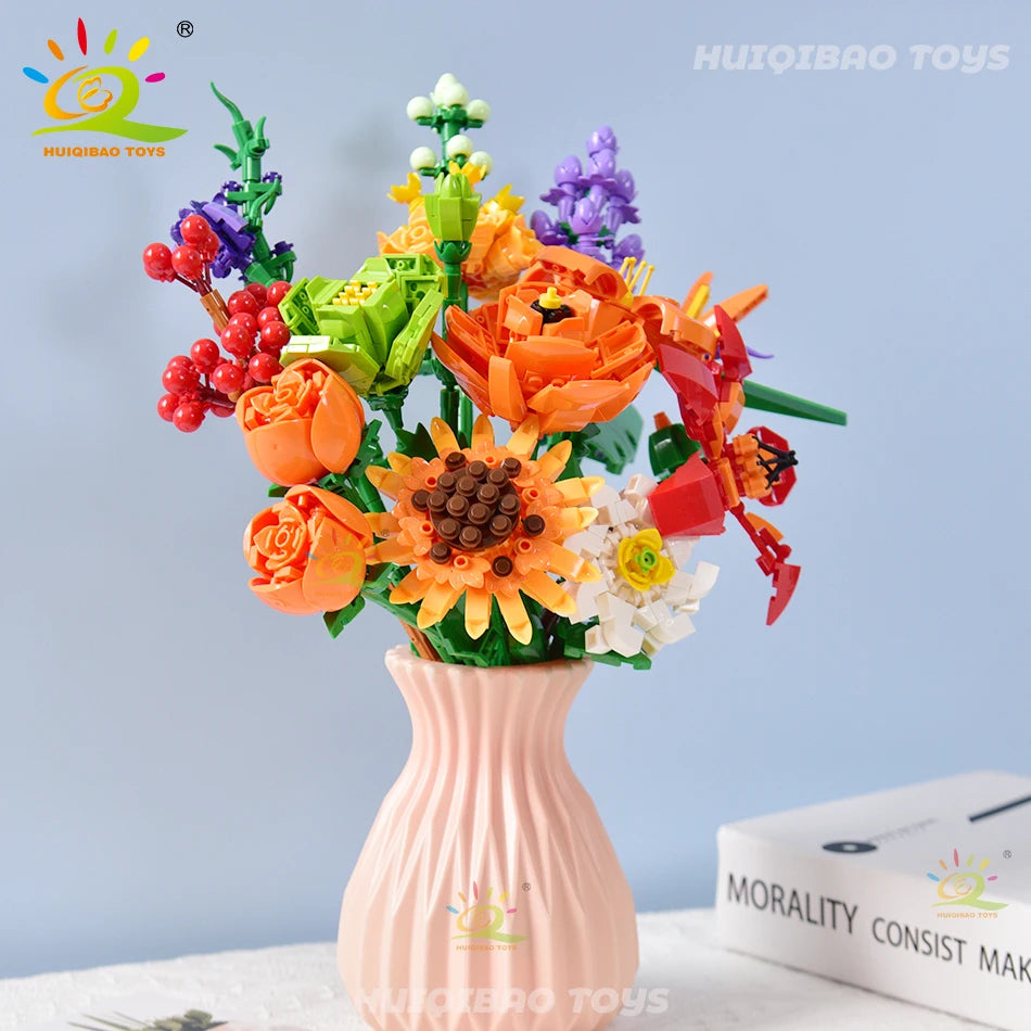 HUIQIBAO Flower Bouquet Building Blocks Kit DIY Everlasting Flower Romantic Bricks DIY Kids Toys for Girls Friends Adult Gift