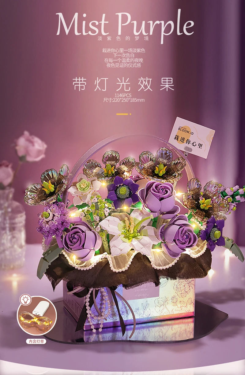 Creative Pink Rose Basket Bouquet Building Blocks Portable Flower Bouquet Gift Box Series Model Bricks For Girls Gifts Kids Toys