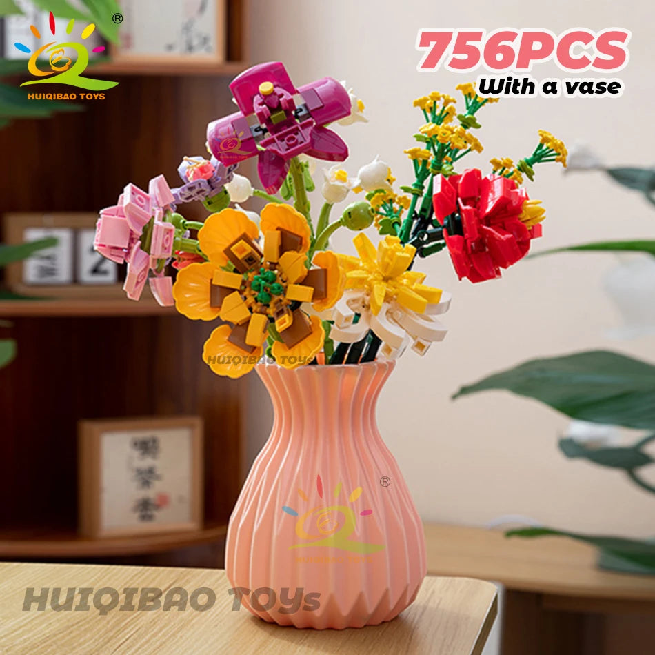 HUIQIBAO Flower Bouquet Building Blocks Kit DIY Everlasting Flower Romantic Bricks DIY Kids Toys for Girls Friends Adult Gift