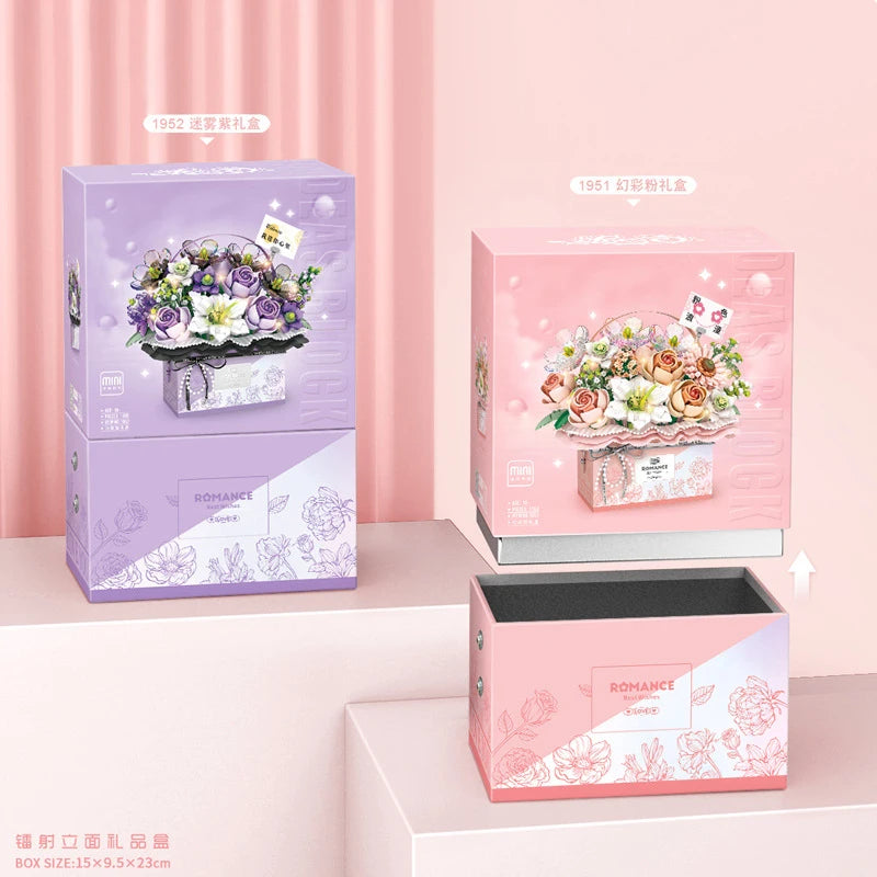 Creative Pink Rose Basket Bouquet Building Blocks Portable Flower Bouquet Gift Box Series Model Bricks For Girls Gifts Kids Toys