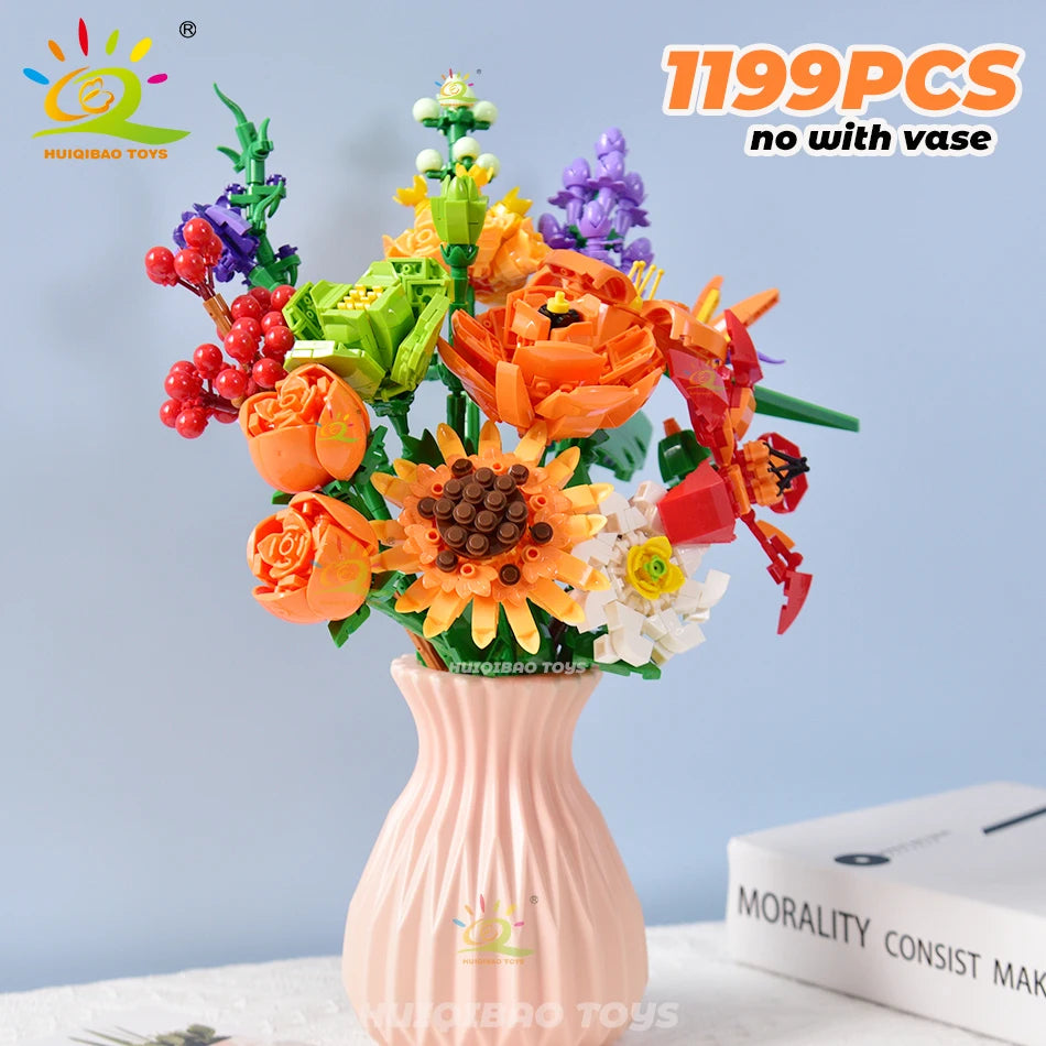 HUIQIBAO Flower Bouquet Building Blocks Kit DIY Everlasting Flower Romantic Bricks DIY Kids Toys for Girls Friends Adult Gift