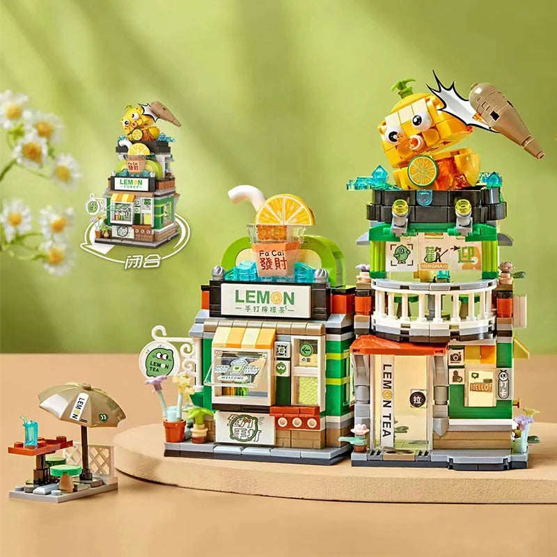 Creative Mini Blocks Kids Building Bricks Snack Bar Sea Fish Food House Lemon Tea Shop Luosifen Store Puzzle Toys Girls Gift