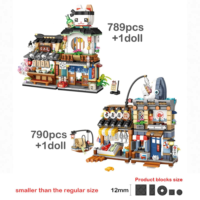 Creative Mini Blocks Kids Building Bricks Snack Bar Sea Fish Food House Lemon Tea Shop Luosifen Store Puzzle Toys Girls Gift