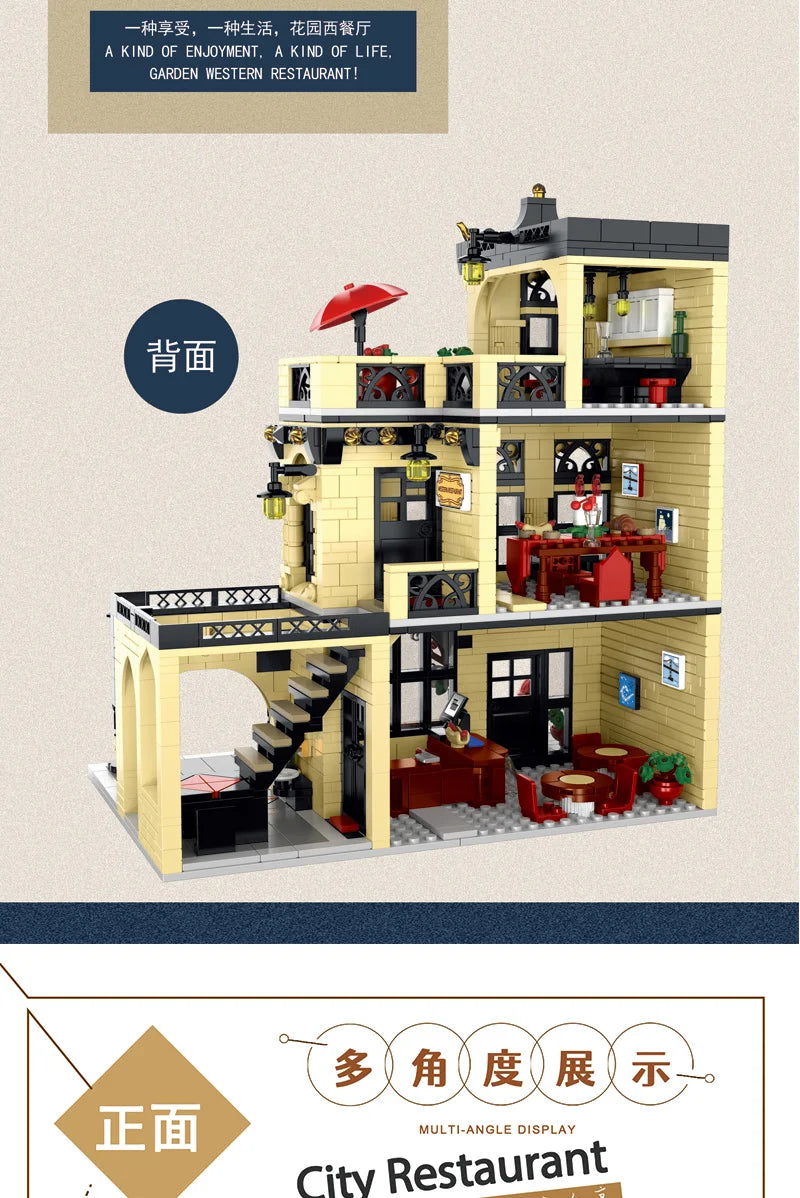 1443-1489pcs Creative City Cafe Light Streetview Building Blocks Bricks Model Sets MOC Modular Architecture Boys Toys Kids Gifts