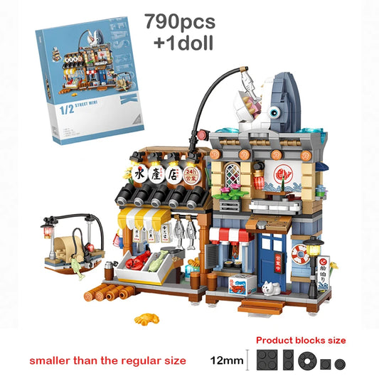 Creative Mini Blocks Kids Building Bricks Snack Bar Sea Fish Food House Lemon Tea Shop Luosifen Store Puzzle Toys Girls Gift