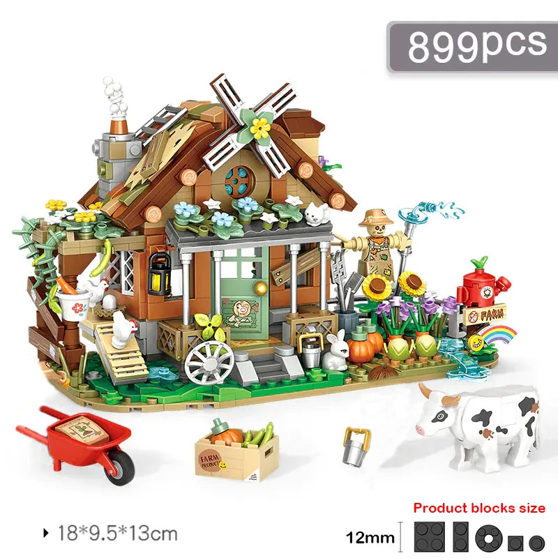 LOZ Creative Windmill Farm House Animal Homeland Building Block Moc Farm Cabin Garden Cart Cow Toys Assembly Brick For Kids Gift
