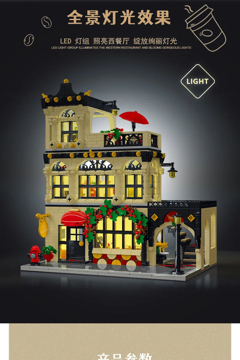 1443-1489pcs Creative City Cafe Light Streetview Building Blocks Bricks Model Sets MOC Modular Architecture Boys Toys Kids Gifts