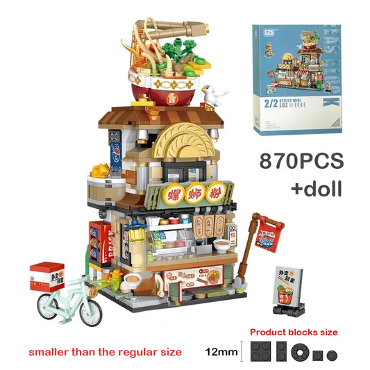 Creative Mini Blocks Kids Building Bricks Snack Bar Sea Fish Food House Lemon Tea Shop Luosifen Store Puzzle Toys Girls Gift