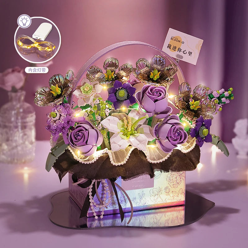 Creative Pink Rose Basket Bouquet Building Blocks Portable Flower Bouquet Gift Box Series Model Bricks For Girls Gifts Kids Toys