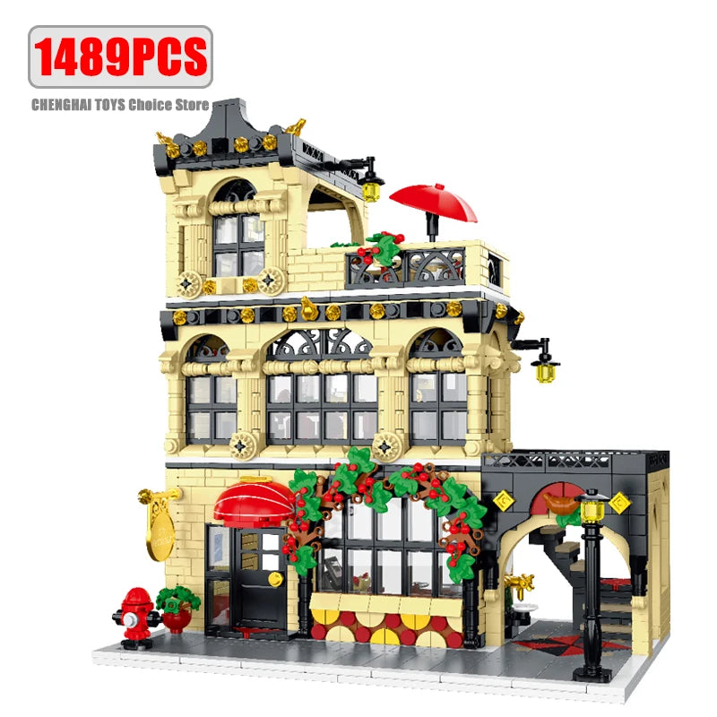 1443-1489pcs Creative City Cafe Light Streetview Building Blocks Bricks Model Sets MOC Modular Architecture Boys Toys Kids Gifts
