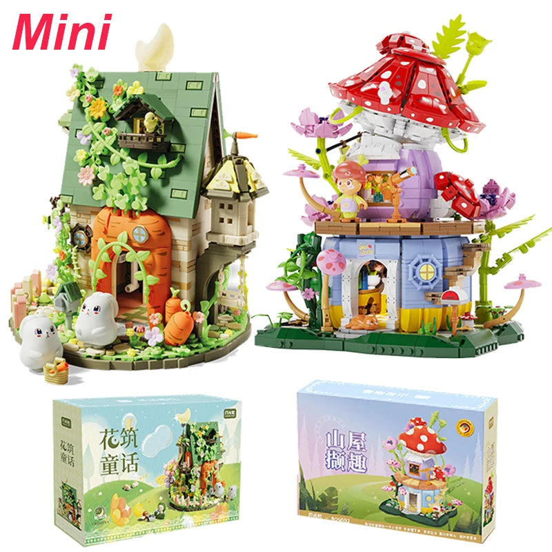 Flowers Carrot House Mushroom House Mini Building Blocks Carrot Forest House Bricks Set With Lights Children's Toys Gifts