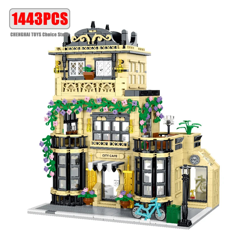 1443-1489pcs Creative City Cafe Light Streetview Building Blocks Bricks Model Sets MOC Modular Architecture Boys Toys Kids Gifts