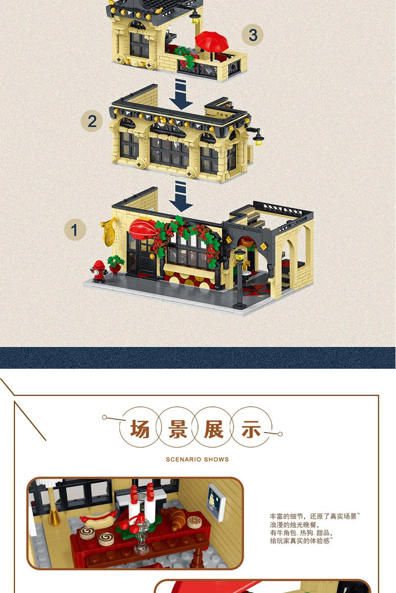 1443-1489pcs Creative City Cafe Light Streetview Building Blocks Bricks Model Sets MOC Modular Architecture Boys Toys Kids Gifts