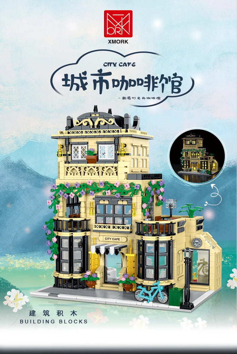 1443-1489pcs Creative City Cafe Light Streetview Building Blocks Bricks Model Sets MOC Modular Architecture Boys Toys Kids Gifts