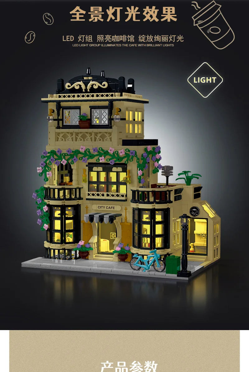 1443-1489pcs Creative City Cafe Light Streetview Building Blocks Bricks Model Sets MOC Modular Architecture Boys Toys Kids Gifts