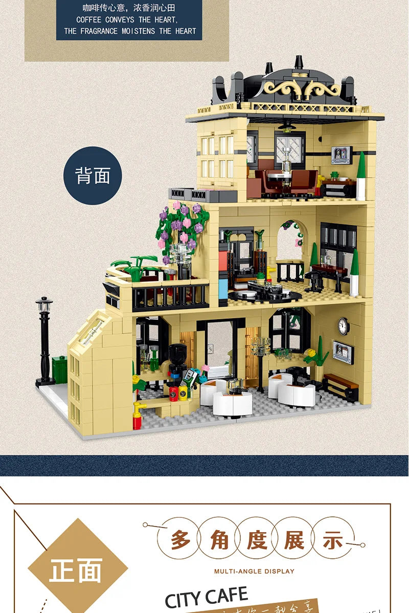 1443-1489pcs Creative City Cafe Light Streetview Building Blocks Bricks Model Sets MOC Modular Architecture Boys Toys Kids Gifts