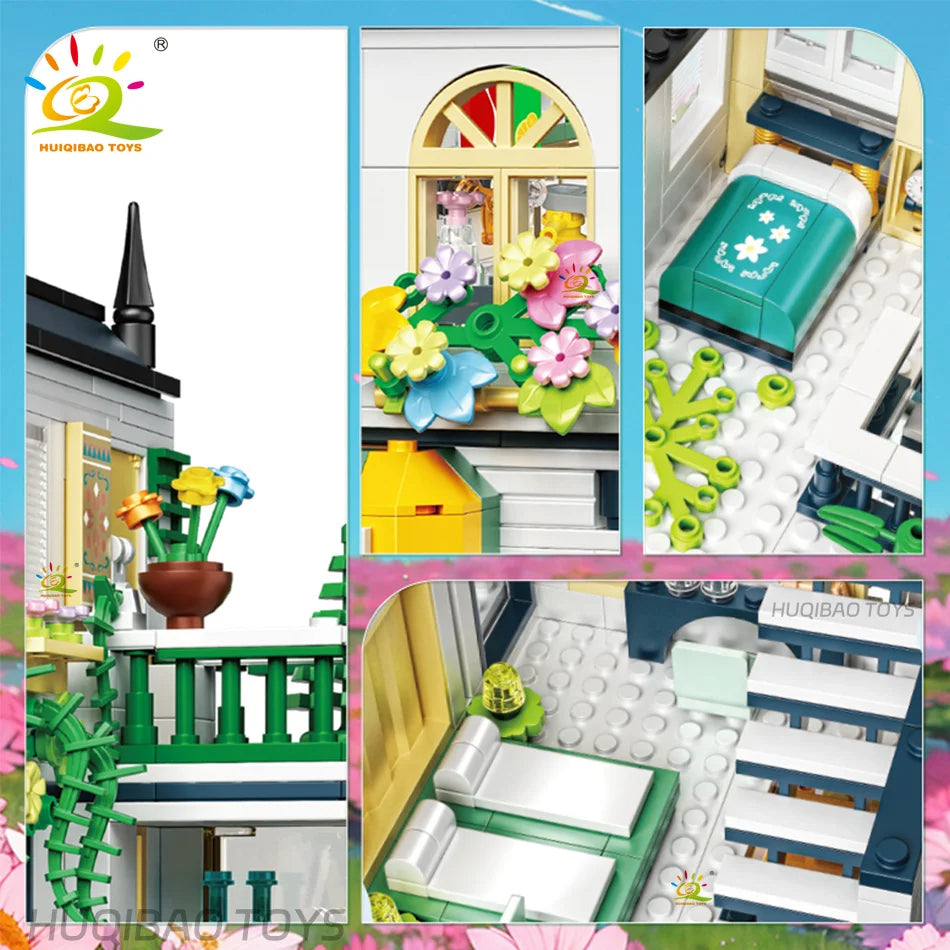 HUIQIBAO 997PCS Mini Garden Hotel Model Building Blocks City Street House Construction Micro Bricks Display Toys Children Adult