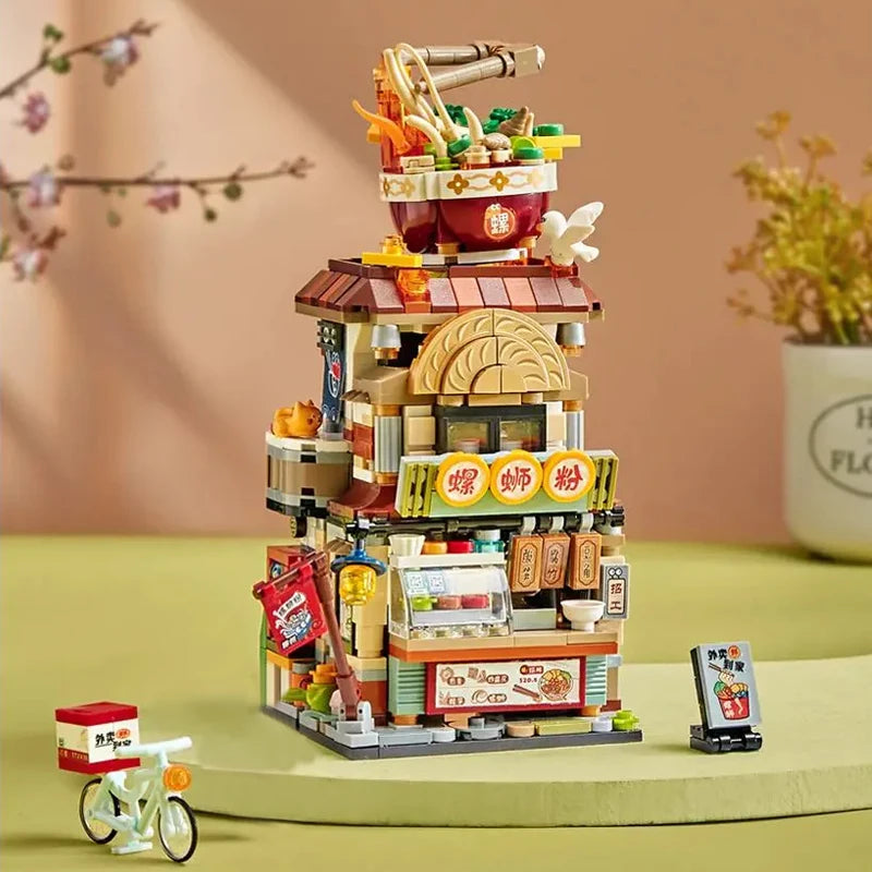 Creative Mini Blocks Kids Building Bricks Snack Bar Sea Fish Food House Lemon Tea Shop Luosifen Store Puzzle Toys Girls Gift