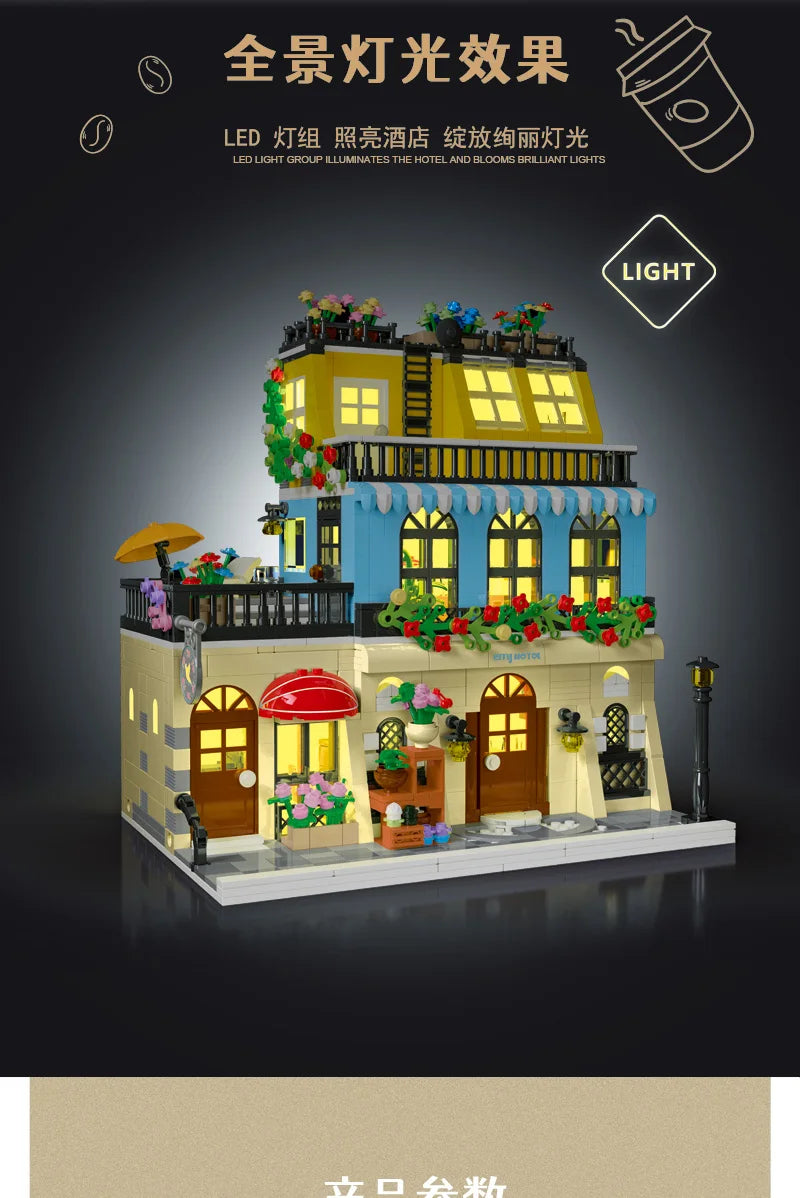 1443-1489pcs Creative City Cafe Light Streetview Building Blocks Bricks Model Sets MOC Modular Architecture Boys Toys Kids Gifts
