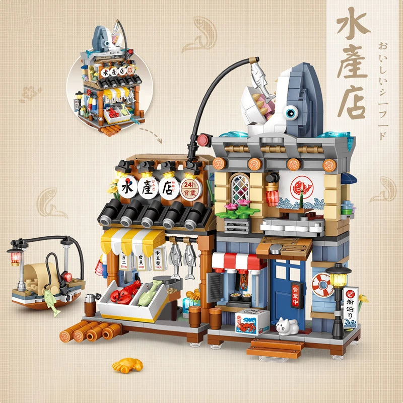 Creative Mini Blocks Kids Building Bricks Snack Bar Sea Fish Food House Lemon Tea Shop Luosifen Store Puzzle Toys Girls Gift