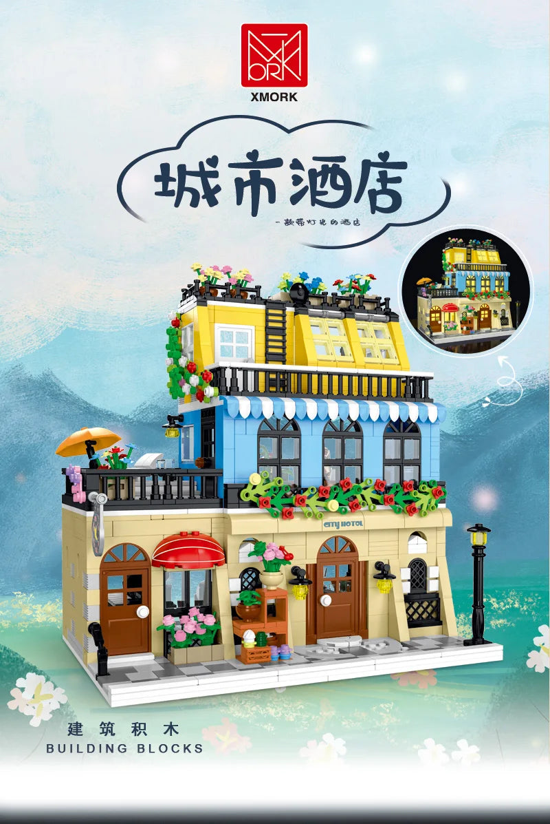 1443-1489pcs Creative City Cafe Light Streetview Building Blocks Bricks Model Sets MOC Modular Architecture Boys Toys Kids Gifts