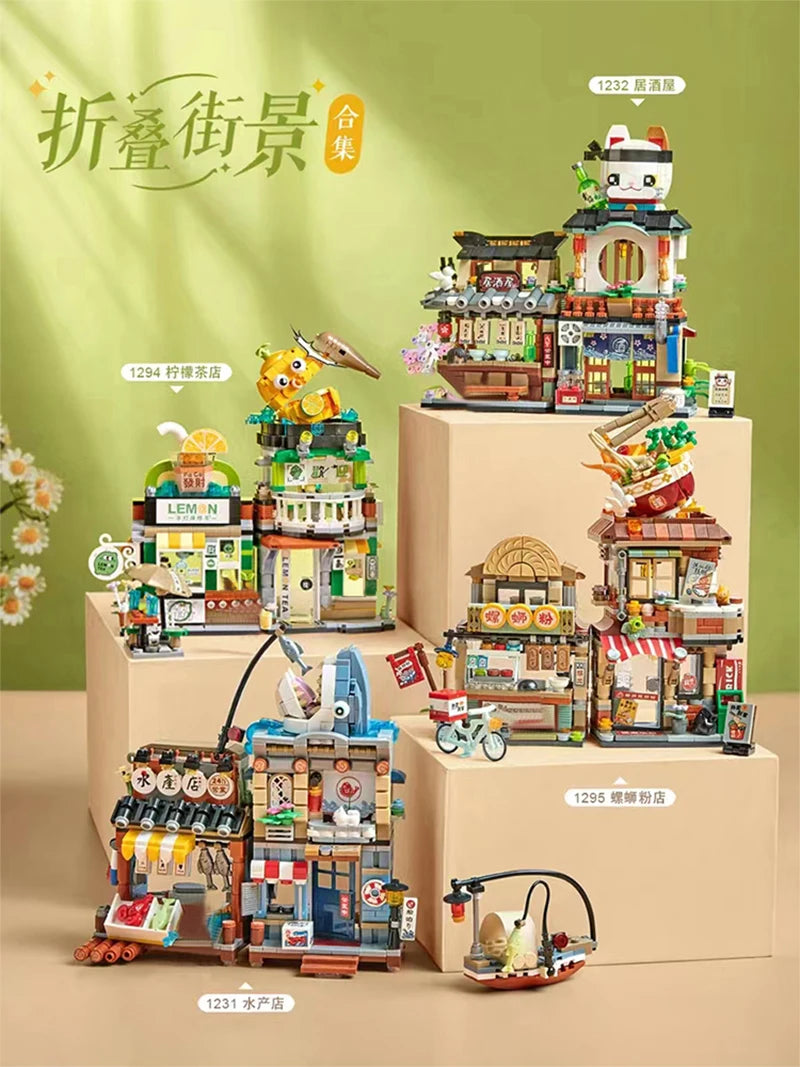 Creative Mini Blocks Kids Building Bricks Snack Bar Sea Fish Food House Lemon Tea Shop Luosifen Store Puzzle Toys Girls Gift