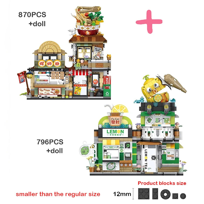 Creative Mini Blocks Kids Building Bricks Snack Bar Sea Fish Food House Lemon Tea Shop Luosifen Store Puzzle Toys Girls Gift