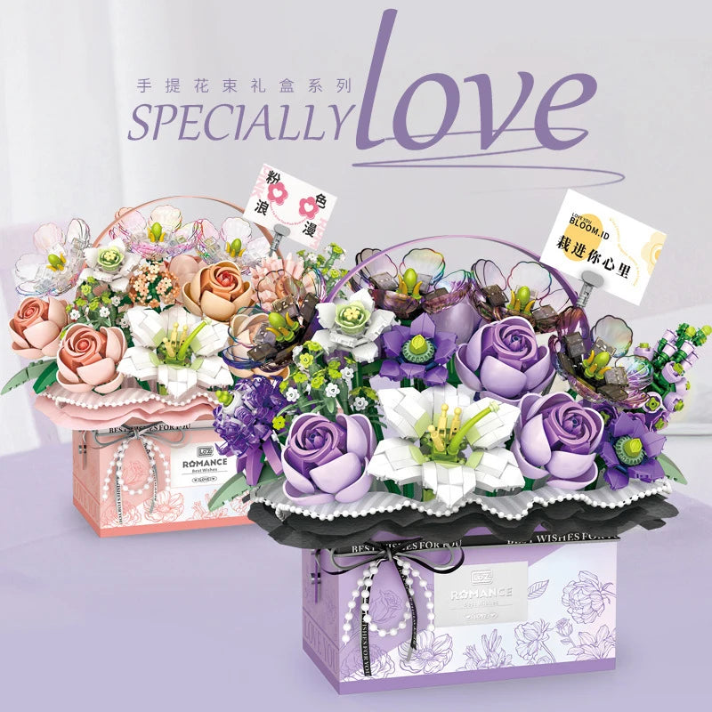 Creative Pink Rose Basket Bouquet Building Blocks Portable Flower Bouquet Gift Box Series Model Bricks For Girls Gifts Kids Toys