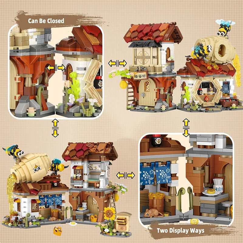 LOZ New Creative Mini Street View Bee Shop Building Block DIY Chinese Folding StreetView Pork Shop Puzzle Toys For Children Gift