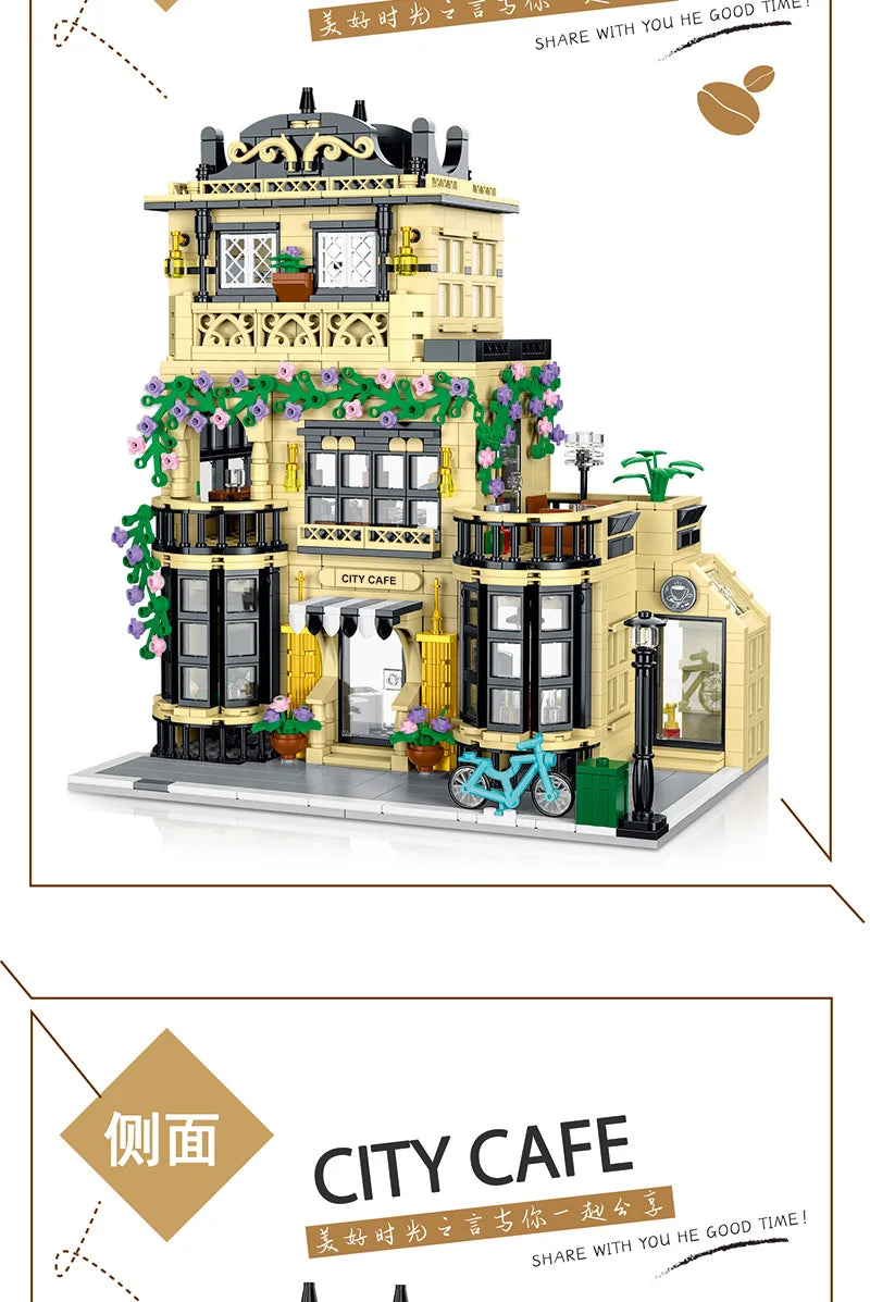 1443-1489pcs Creative City Cafe Light Streetview Building Blocks Bricks Model Sets MOC Modular Architecture Boys Toys Kids Gifts
