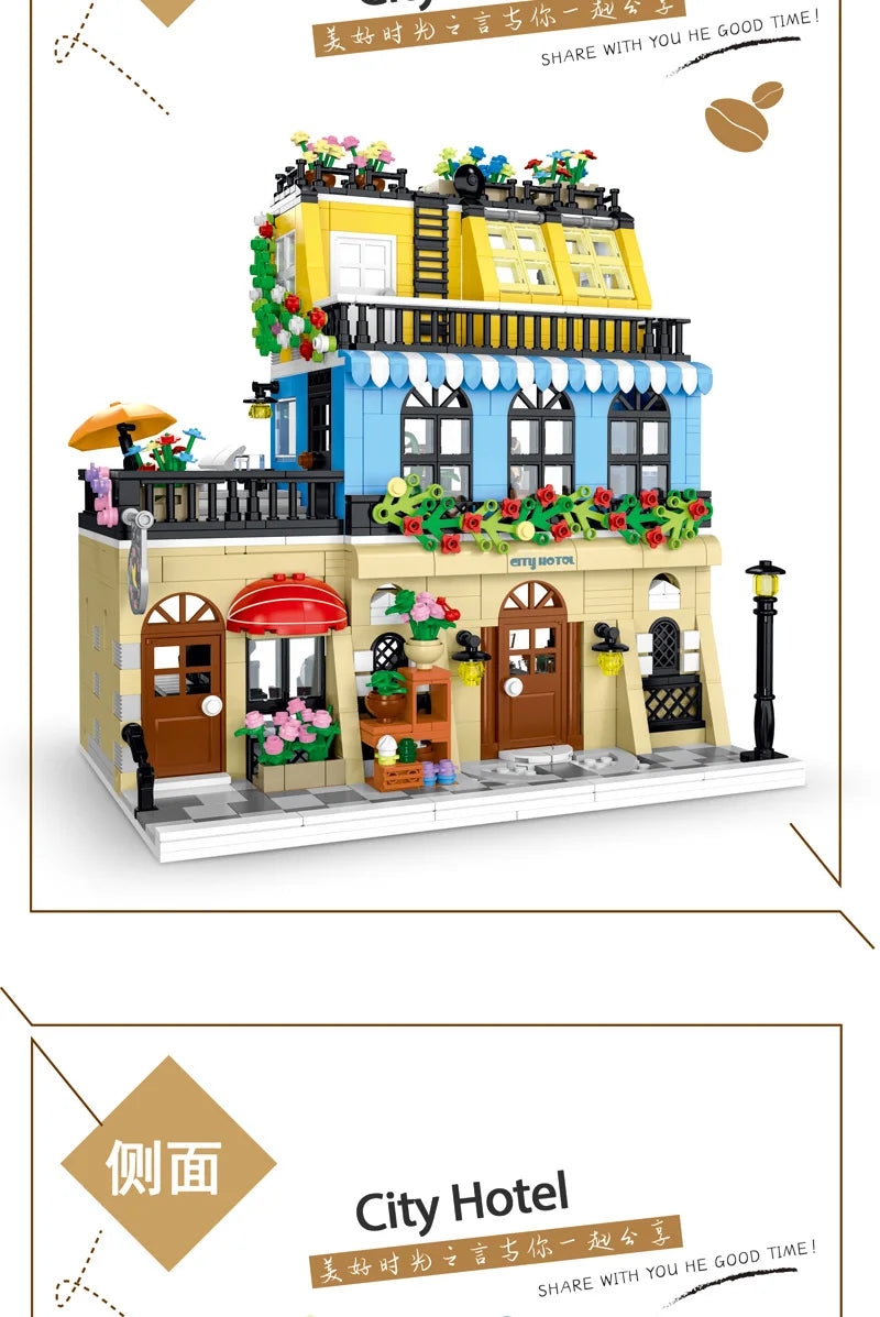 1443-1489pcs Creative City Cafe Light Streetview Building Blocks Bricks Model Sets MOC Modular Architecture Boys Toys Kids Gifts