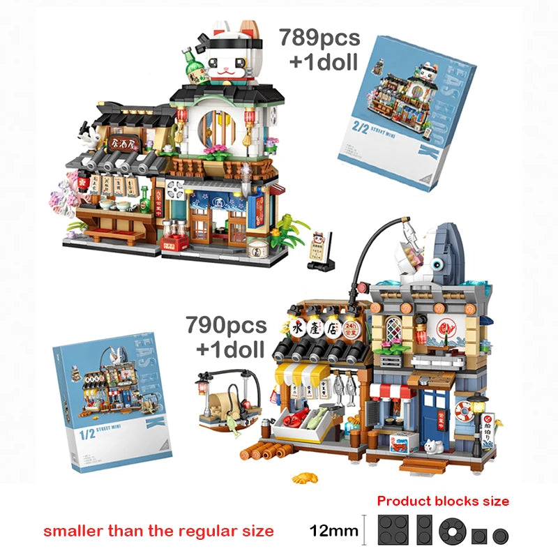 Creative Mini Blocks Kids Building Bricks Snack Bar Sea Fish Food House Lemon Tea Shop Luosifen Store Puzzle Toys Girls Gift