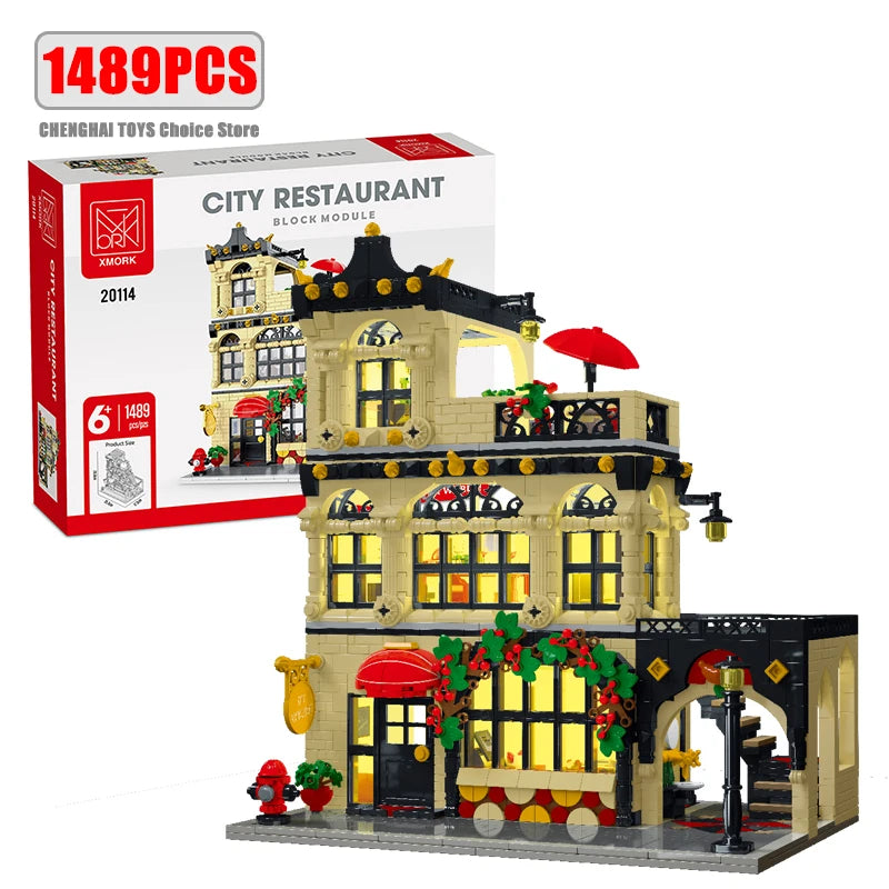 1443-1489pcs Creative City Cafe Light Streetview Building Blocks Bricks Model Sets MOC Modular Architecture Boys Toys Kids Gifts