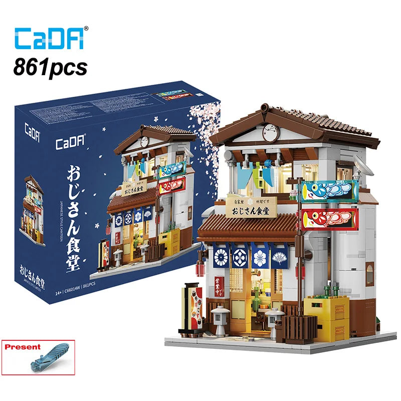 Model of a Japanese restaurant building with CaDA branding and packaging.