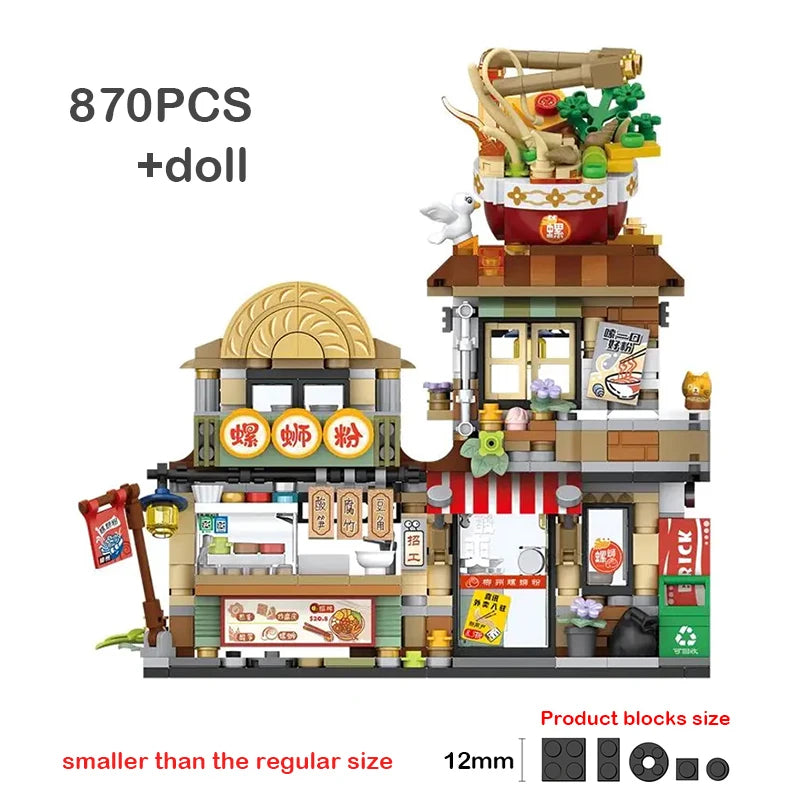 Creative Mini Blocks Kids Building Bricks Snack Bar Sea Fish Food House Lemon Tea Shop Luosifen Store Puzzle Toys Girls Gift