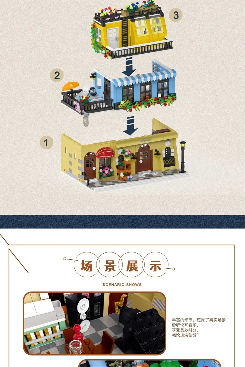 1443-1489pcs Creative City Cafe Light Streetview Building Blocks Bricks Model Sets MOC Modular Architecture Boys Toys Kids Gifts
