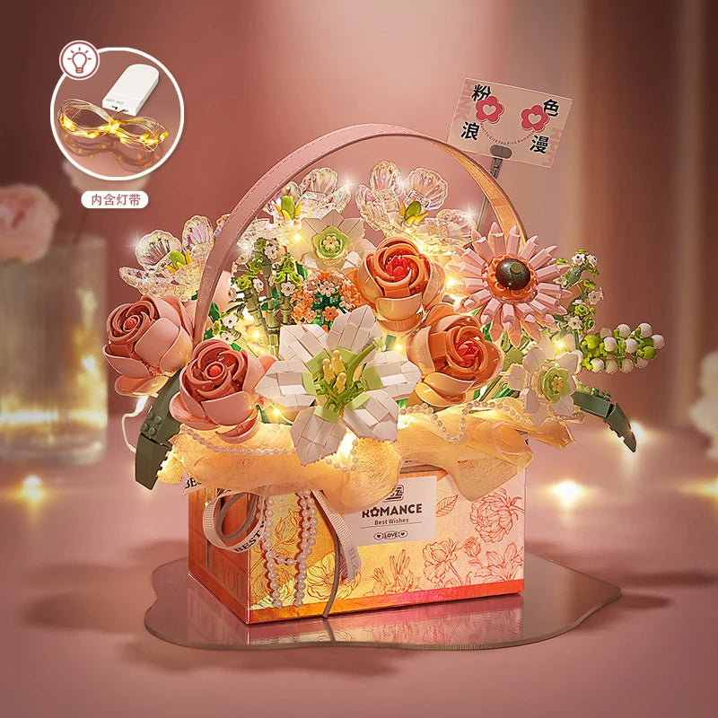 Creative Pink Rose Basket Bouquet Building Blocks Portable Flower Bouquet Gift Box Series Model Bricks For Girls Gifts Kids Toys