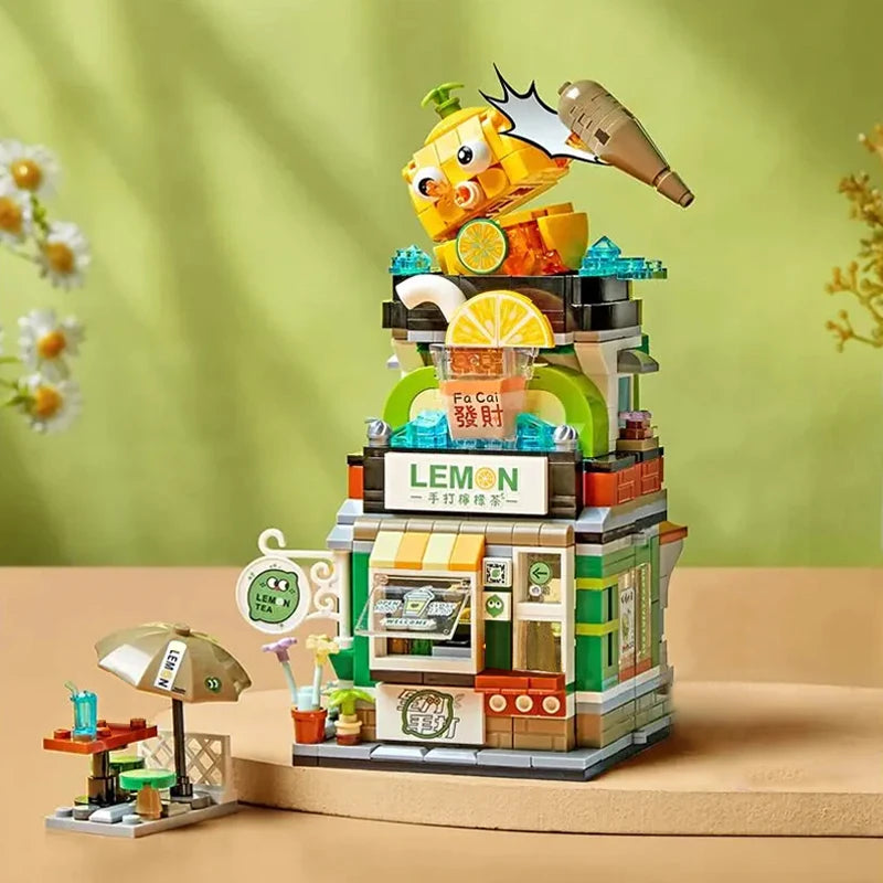 Creative Mini Blocks Kids Building Bricks Snack Bar Sea Fish Food House Lemon Tea Shop Luosifen Store Puzzle Toys Girls Gift