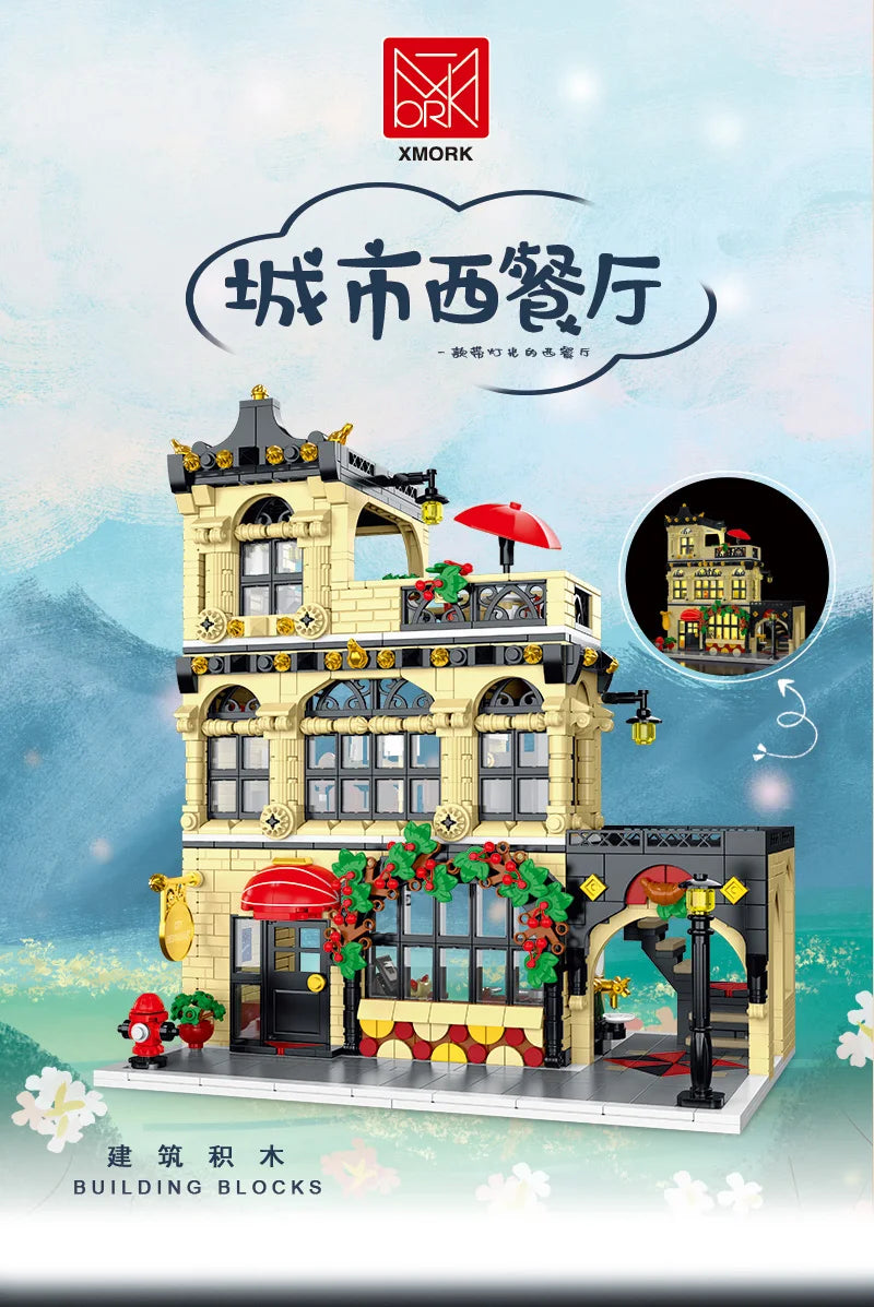 1443-1489pcs Creative City Cafe Light Streetview Building Blocks Bricks Model Sets MOC Modular Architecture Boys Toys Kids Gifts