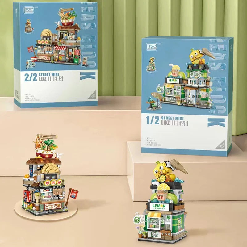 Creative Mini Blocks Kids Building Bricks Snack Bar Sea Fish Food House Lemon Tea Shop Luosifen Store Puzzle Toys Girls Gift
