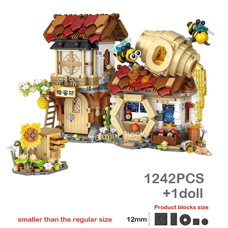 LOZ New Creative Mini Street View Bee Shop Building Block DIY Chinese Folding StreetView Pork Shop Puzzle Toys For Children Gift