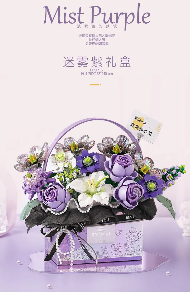 Creative Pink Rose Basket Bouquet Building Blocks Portable Flower Bouquet Gift Box Series Model Bricks For Girls Gifts Kids Toys