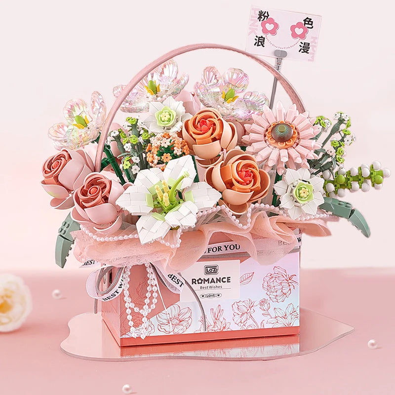 Creative Pink Rose Basket Bouquet Building Blocks Portable Flower Bouquet Gift Box Series Model Bricks For Girls Gifts Kids Toys