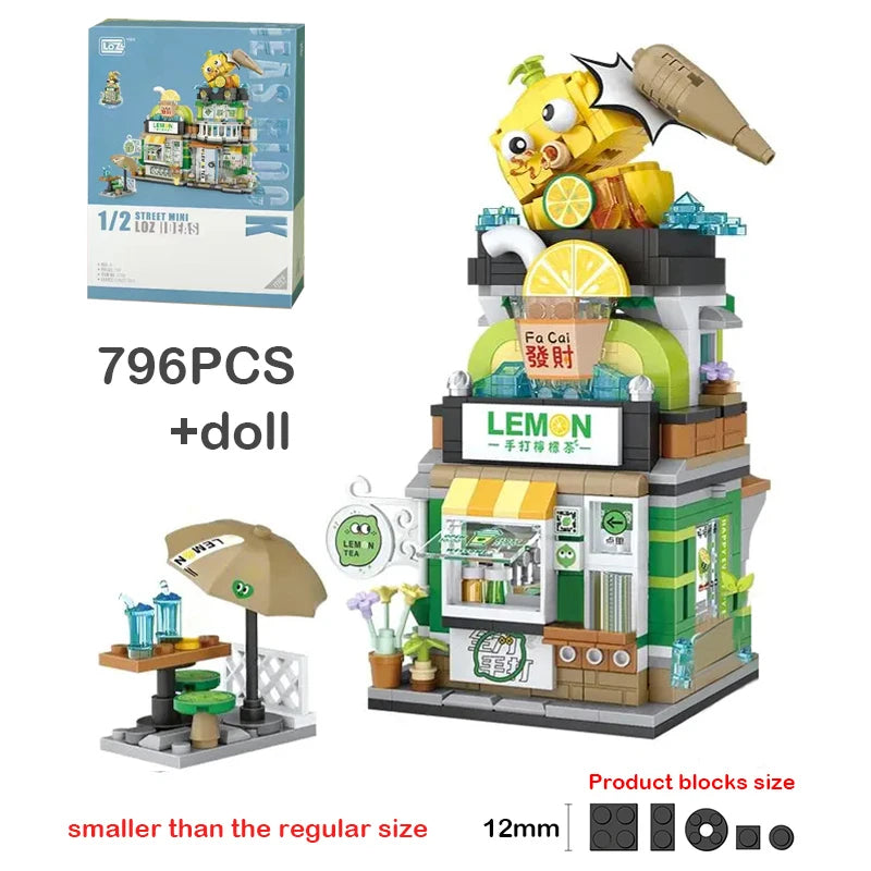 Creative Mini Blocks Kids Building Bricks Snack Bar Sea Fish Food House Lemon Tea Shop Luosifen Store Puzzle Toys Girls Gift