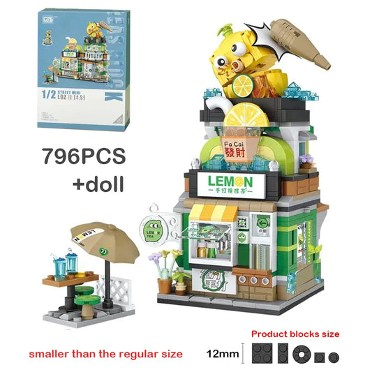 Creative Mini Blocks Kids Building Bricks Snack Bar Sea Fish Food House Lemon Tea Shop Luosifen Store Puzzle Toys Girls Gift