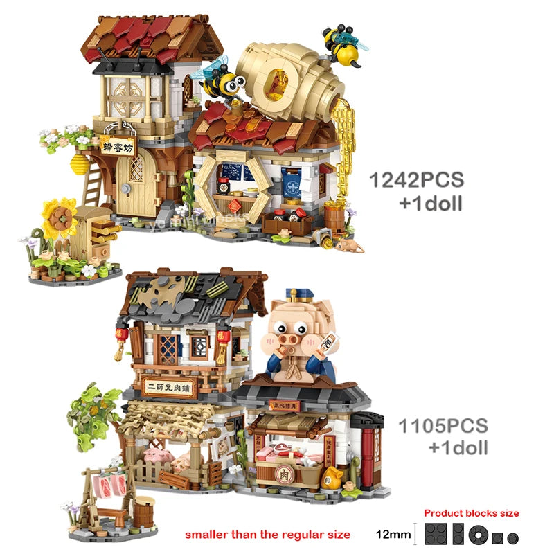 LOZ New Creative Mini Street View Bee Shop Building Block DIY Chinese Folding StreetView Pork Shop Puzzle Toys For Children Gift