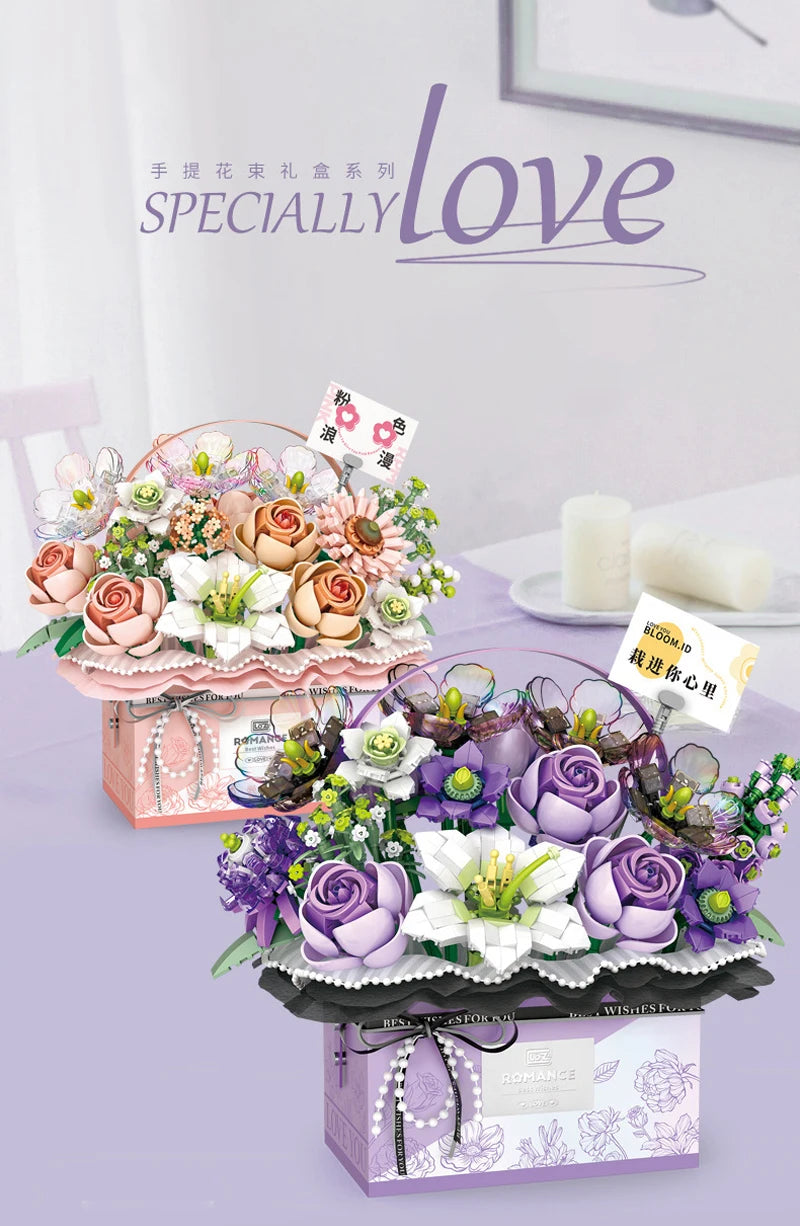 Creative Pink Rose Basket Bouquet Building Blocks Portable Flower Bouquet Gift Box Series Model Bricks For Girls Gifts Kids Toys