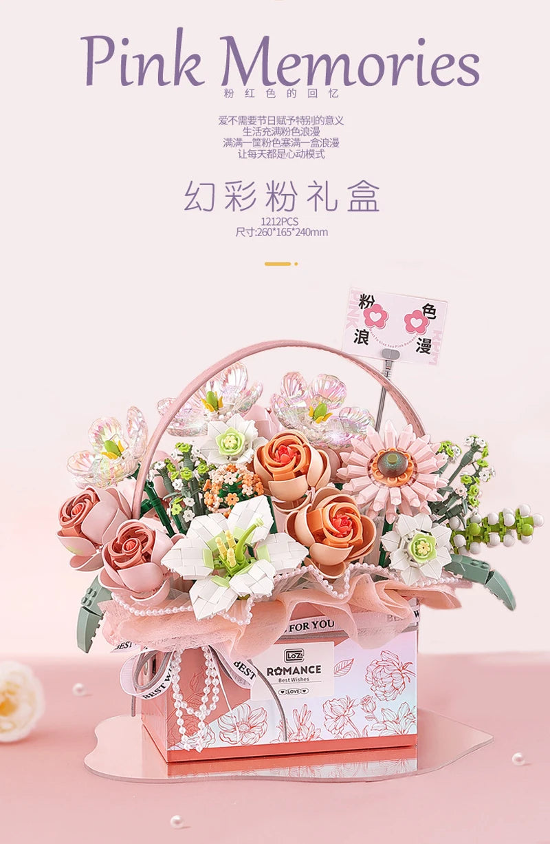 Creative Pink Rose Basket Bouquet Building Blocks Portable Flower Bouquet Gift Box Series Model Bricks For Girls Gifts Kids Toys